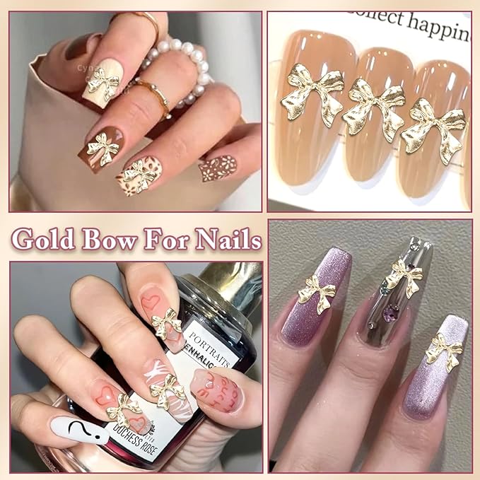 80 Pcs Gold Nail Charms Bow for Alloy Nails, 3D Bowknot Nail Art Charms, Bow Tie Nail Gems Charms,Cute Bow Nail Art Jewels Charms for Nail Art Supplies DIY Accessories