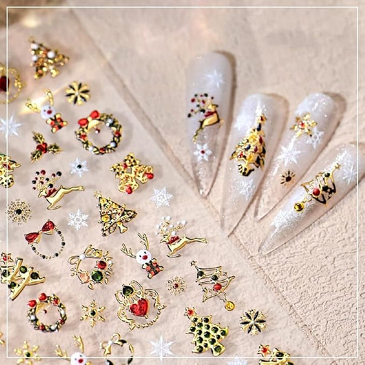 Christmas 5D Embossed Nail Sticker Gold Snowman Reindeer Xmas Tree Nail Designs Self Adhesive Nail Decals Snowflake Nail Art Sticker for Nails Decoration Supplies for Women Girls DIY Manicure
