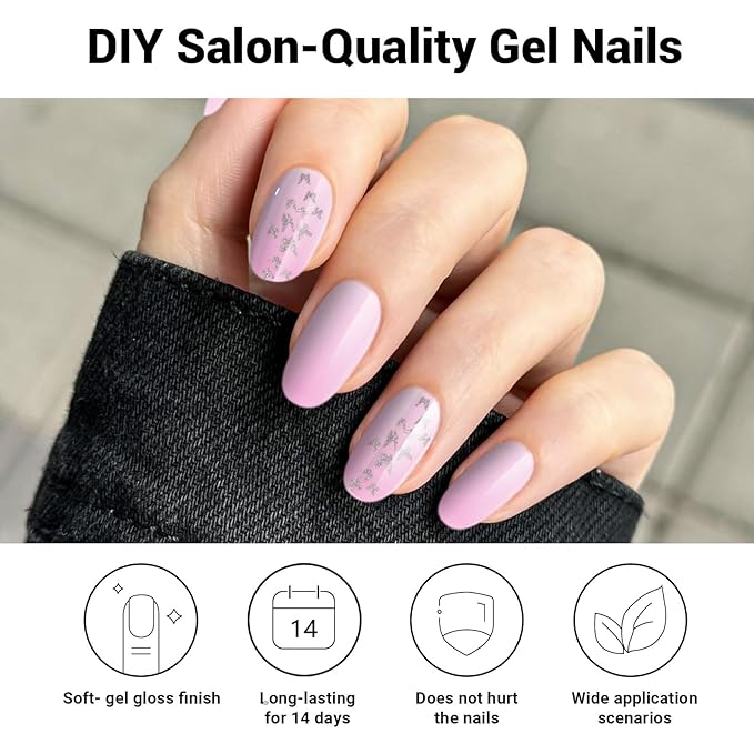 Semi Cured Gel Nail Strips, Gradient Pink | 28 pcs Gel Nail Strips Work with Any UV Lamp, Salon Quality UV Nails Stickers, Easy to Apply for Home Nails DIY