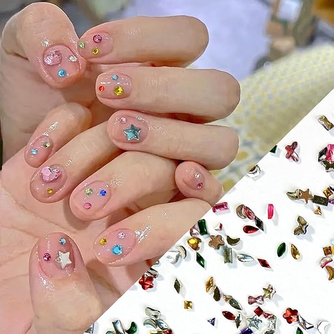 1440Pcs Mini Nail Rhinestones Colorful Nail Art Charms Multi Shape Crystal Charm Luxury Nail Art Flat Back Gems for 3D Small Star Heart Star Flower Nail Diamonds DIY Accessories Glitter Manicure Decor
