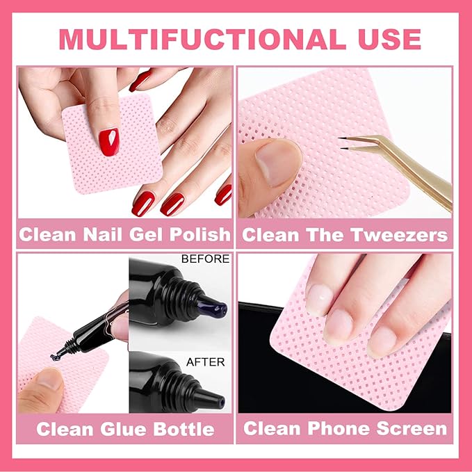 NXJ INFILILA Lint Free Nail Wipes, 1000PCS Non-Woven Fabric Dry Nail Prep Wipes, Absorbent Acetone Nail Polish Remover Lash Extensions Glue Nail Cleaning Pads for Salon Supplies (Pink)