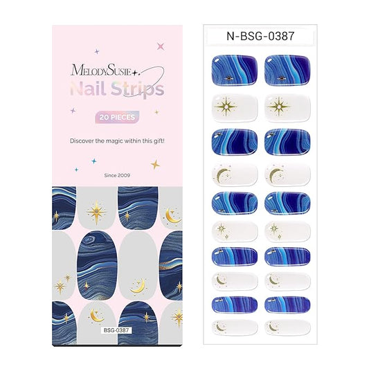 MelodySusie Semi Cured Gel Nail Strips (Starry Night), 20 PCS Stars Gel Nail Stickers, Deep Blue Gel Nail Wraps, UV Light Required, Durable and Salon Quality