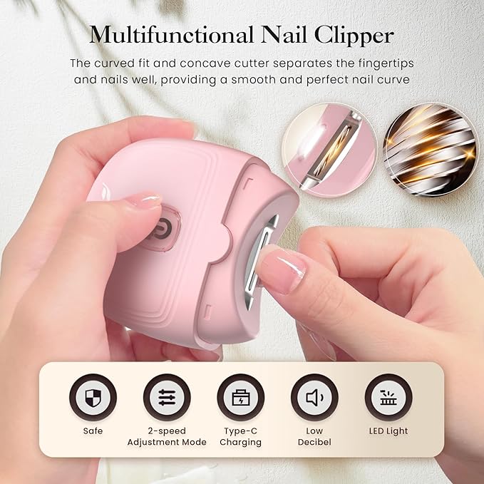 Electric Nail Clipper, Automatic Nail Clipper with 2 Speeds, Rechargeable Nail Clippers with Light, Electric Nail Clippers Nail File Fingernail Trimmer Safety for Babies Kids Adults Seniors Weak Hands