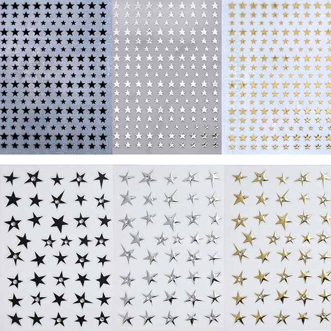 6 Sheets Star Nail Art Stickers Black Gold Silver Nail Decals with Silver Glitter Rhinestones Design 3D Self Adhesive Cute Star Nail Design Stickers Spring Nail Decor for Women Manicure Supplies