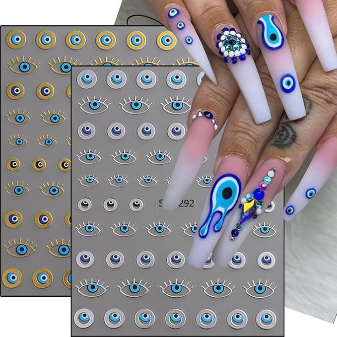 6Pcs Eye Nail Stickers Decals 3D Self Adhesive Goth Nails Decals Gold Silver Sun Star Nail Art Stickers Metallic Snake Nails Art Supplies Horror Eye Gothic Design Sticker for Women Manicure Decoration