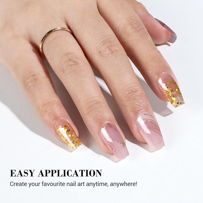 MelodySusie Semi Cured Gel Nail Strips (Pink Glitter Marble), Works with Nail lamp, Salon Quality, Long Lasting, Easy to Apply and Remove, Includes 20Pcs, 2 Prep Pads, Nail File and Wooden Stick