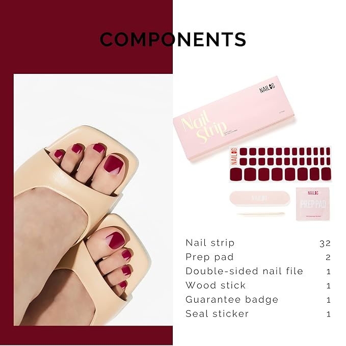 NAILOG Semi Cured Gel Nail Strips, Toe Nail Polish Strips with Glossy Gel Finishing | Buy 3 Get 1 UV Lamp| 32 Pieces Long Lasting Pedi Stickers | Rouge Noir