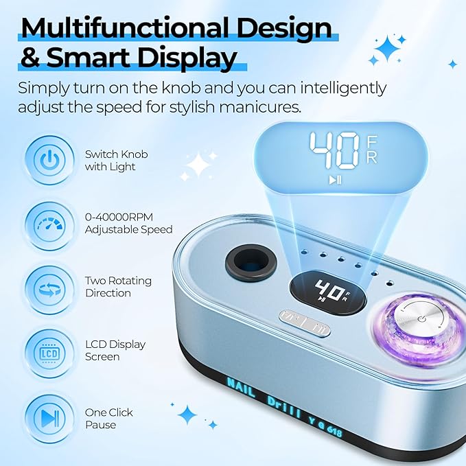 Electric Nail Drill Professional: 40000RPM Electric Nail File Kit E File Nail Drill Machine with LCD Display for Acrylic Gel Nail, Manicure Pedicure Polishing Nail Grinder for Salon Home Use