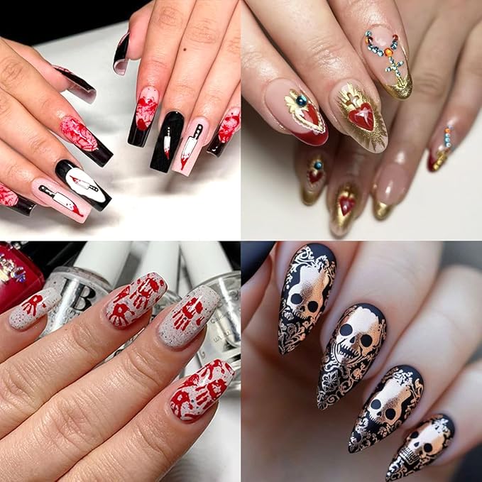 10 Sheets Halloween Nail Art Stickers Decals 3D Skeleton Pumpkin Spider Knife Etc Self-Adhesive Designs Nail Decals Supply Red Gold Skull Cross Nail Stickers for Women DIY Manicure Decoration