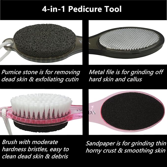Foot File Callus Remover 4-in-1, 2 Pcs Feet Scraper Pedicure Tools with Pumice Stone, Scrubber Brush, Foot Rasp and Sand Paper, Double Sided Multi Purpose, Clear Black and Pink