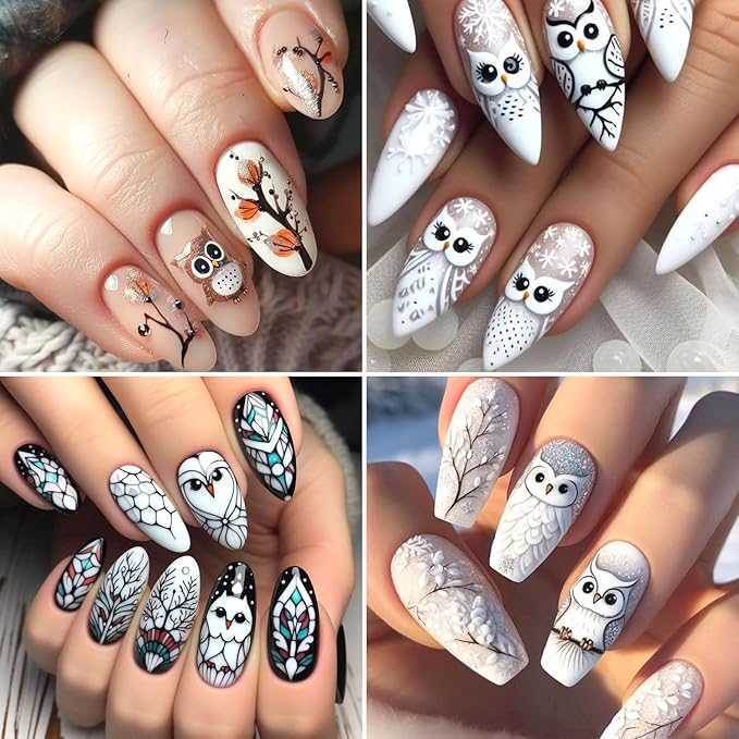 2Sheets Cute Owl Nail Art Stickers 3D Christmas Nail Decals for Acrylic Nails Self-Adhesive Leaves Branches Nail Sticker with Gold Silver Glitter Designs Nail Decal for Women Manicure Decor Supplies