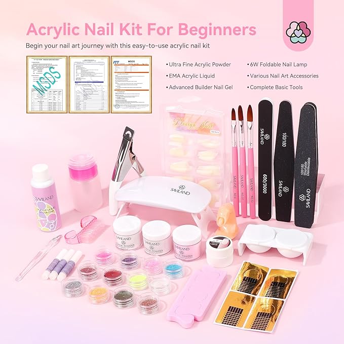 Saviland Acrylic Nail Kit for Beginners Practice: Keratin Acrylic Powder Monomer Liquid Brush Clippers Nail Lamp Complete Tools Everything 100 Nail Tips Home Starters