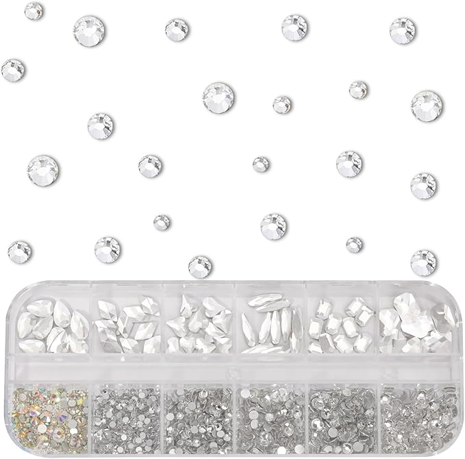Multi Shapes White 3D Glass Crystal Nail Rhinestones Kit Mix 0.8mm Silver Nail Round Beads Charm Flatback Gems 5 Grids Flatback Rhinestones Stone Diamond for Manicure Makeup DIY Decoration
