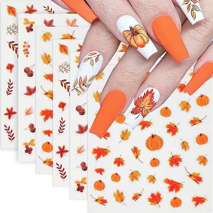 6 Sheets Fall Nail Stickers Maple Leaf Nail Art Stickers Decals Thanksgiving Pumpkins Maple Leaves Nail Design Nail Decals Autumn Nail Supplies for Women Holiday Acrylic Nail Decoration DIY