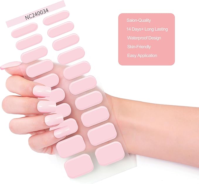 Gel Nail Strips 20 Pcs Wraps - Pink, Solid, Easy Apply Gel Nail Stickers Long Lasting, Salon-Quality, 2 Prep Pads, 1 File, 1 Wooden Stick, UV Light Required