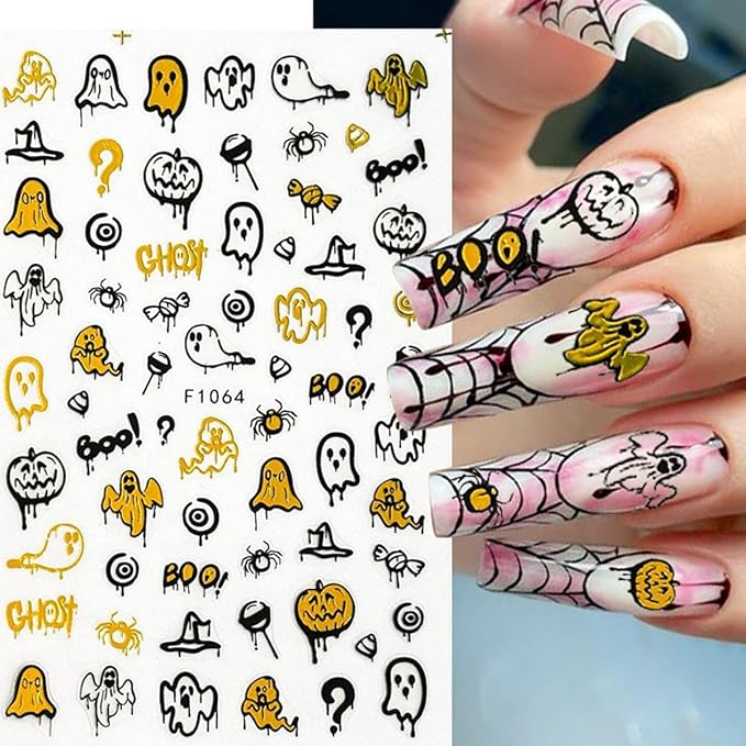 8PCS Halloween Nail Stickers for Nail Art - 3D Metallic Spider Web, Ghost, Pumpkin, Skull, Stars, Cat Designs - Black Gold DIY French Manicure Decor
