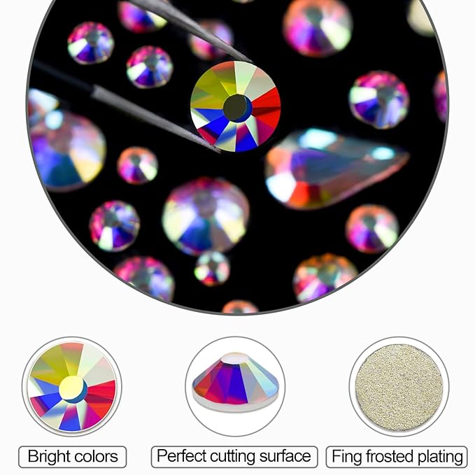 HUETFAT 2400 Pieces Flat Back Gems Round Crystal AB Rhinestones 6 Sizes (1.9-4.5 mm) with Storage Organizer Box Wax Pencil Tweezers for Nail Art Clothes Shoes Bags Crafts DIY （Crystal AB）