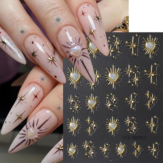 6 Sheets Retro Sun God Star Nail Art Stickers Decals Gold Silver Sun God Star Moon Nail Stickers Design Sparkling Heart Diamond Nail Decals for Women DIY Manicure Nail Decoration Supplies