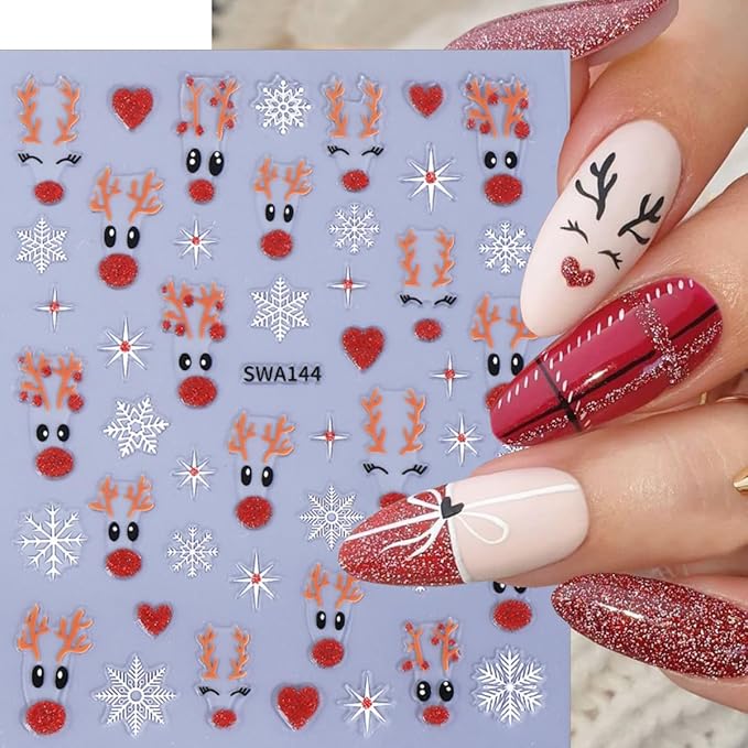 6 Sheets Cute Elk Nail Art Stickers for Nail Art 3D Christmas Nail Stickers Self-Adhesive Gold Silver Green Pink Red Glitter Elk Nails Decals Winter Snowflake Nails Decor for Women Acrylic Nails
