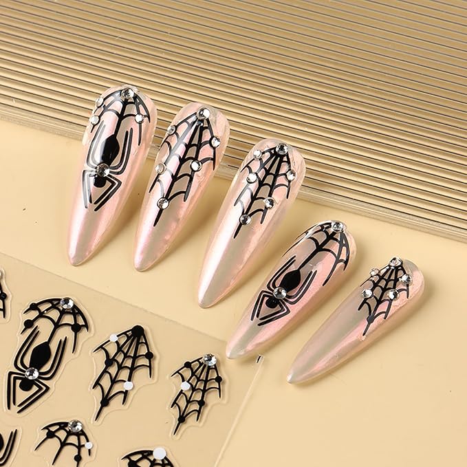 4 Sheets Halloween Nail Stickers for Nail Art, Spider Nail Decals Self Adhesive Black Nail Art Stickers Spider Web Nail Decorations with Rhinestone Halloween Manicure Supplies for Women and Girls