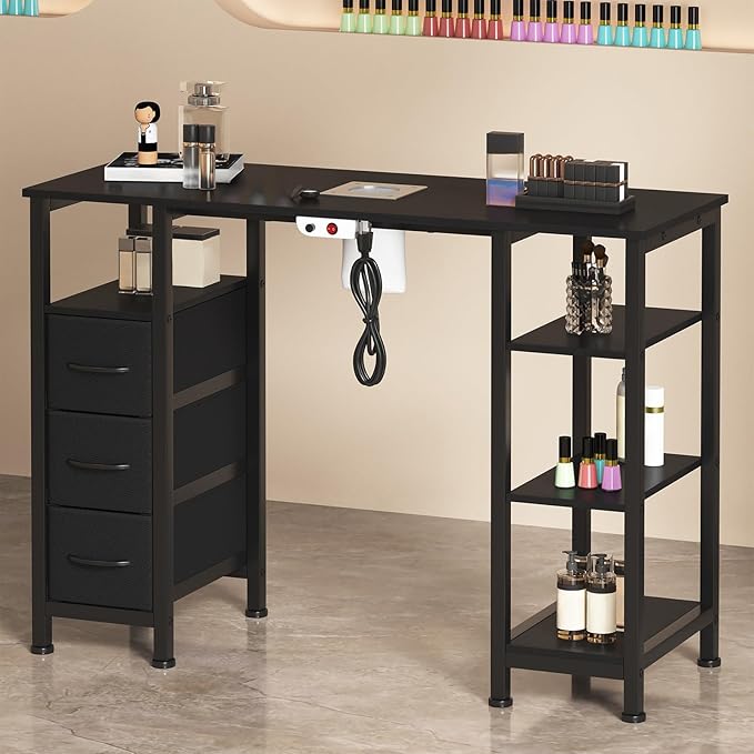 Nail Desk for Nail Tech w/Electric Dust Collector, Manicure Table w/3 Storage Drawers & 3 Open Shelves for Beauty Salon Tech Station