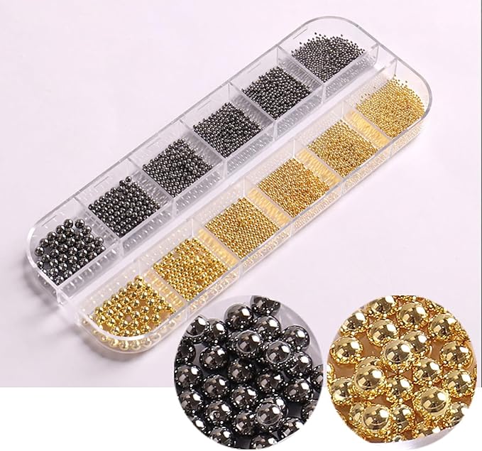 0.8mm Caviar Beads for Nails 6 Sizes Mini Small Stainless Steel Beads Nails Art Decorations Gun Grey Silver Charm 2mm Gold Chain DIY Tool Nail Studs Accessories Black Charms for Nails (Black)