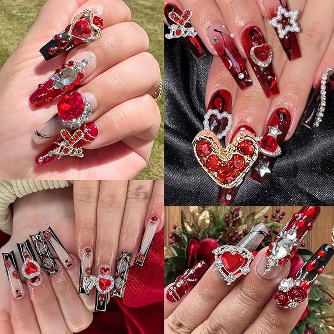 Valentines Gold & Silver Heart Nail Charms - 14 Pcs Luxury Alloy 3D Rhinestones for Crown Nails Art