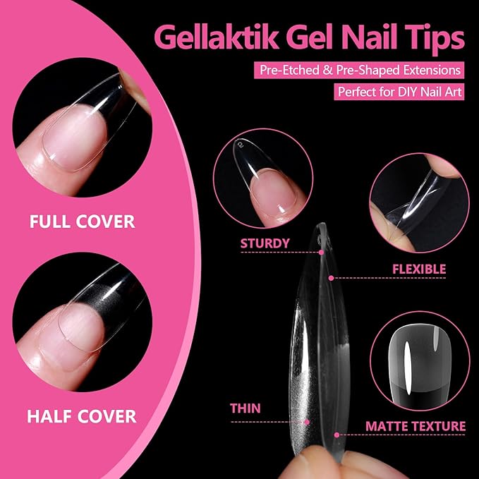 Medium Almond Nail Tips 500PCS, Clear Acrylic Full Cover Gel Press on Nail Tips for DIY, 10 Sizes Pre-Shaped False Nails with Half Matte Finish, Professional Manicure Kit & Easy Application