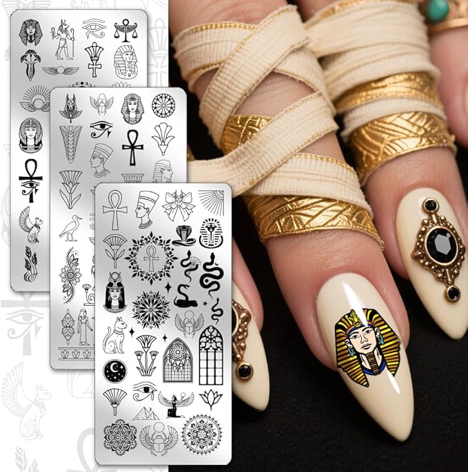 PH PandaHall 3pcs Egyptian Elements Nail Stamping Plates Pharaoh Nail Image Plates Cats Snakes Nails Art Stencils Egypt Icons Manicure Art Templates for Women DIY Manicure Printing Design Supplies