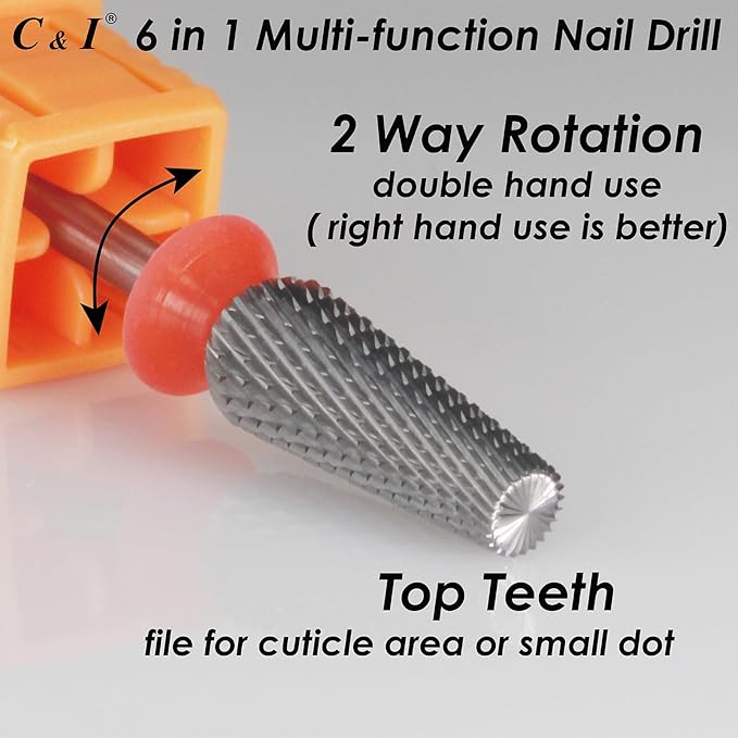 C & I Nail Drill Bit 6 in 1 Multi-function Rounded End E File, Tungsten Steel CNC Overall Cutting, Manicure Tool for Nail Tech Quick Remove Nail Gels, Acrylic Nails (Original, Fine -F)