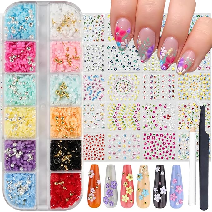 Flower Nail Charms Nail Art Kit with 30 Sheets Flower Nail Stickers 12 Boxes Colorful Flower with Rhinestone Nail Supplies 3D Nail Charms,Flower Nail Decals for Women Acrylic DIY Nail Art Decoration