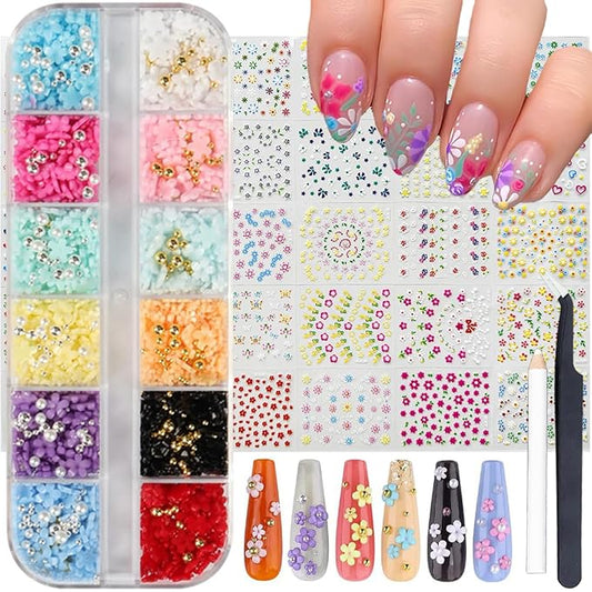 Flower Nail Charms Nail Art Kit with 30 Sheets Flower Nail Stickers 12 Boxes Colorful Flower with Rhinestone Nail Supplies 3D Nail Charms,Flower Nail Decals for Women Acrylic DIY Nail Art Decoration