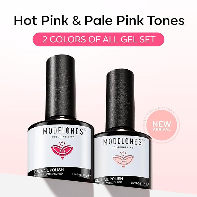 modelones Gel Nail Polish Set 2 PCS 15 ML Hot Pink Neon Vibrant Fluorescent Gel Nail Polish Soak Off UV Hot Pink Nail Art DIY Manicure At Home For Women Girls