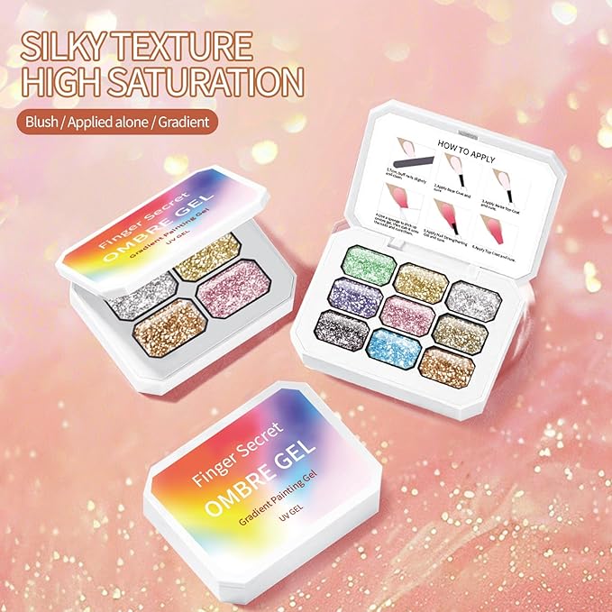 Finger Secret 9 Colors Set Ombre Pat Gel Nail Polish,GelS Polish Palette with 20Pcs Nail Sponges for 3d Gel Nail Art can be Painted in Salon or Home Use (L0)