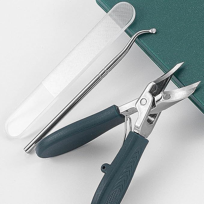 Eagle Beak Angled Nail Clippers 3-Piece Set, Wide Jaw Opening Anti-Splash Slanted Beveled Nail Clipper, Ingrown Toenail Clippers, Toe Nail Clippers for Seniors Long Handle (Green+Black)