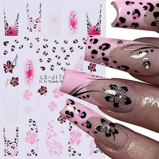 4Sheets Leopard Print French Tip Nail Art Stickers 3D Hibiscus Flower Nail Decals Self-Adhesive Leopard Print Nail Stickers with Glitter Design Lips Heart Sticker for Women Nails Decor