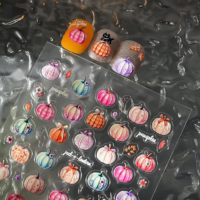 1 Sheets Fall Nail Decals for Nail Art 5D Self-Adhesive Embossed Pumpkin Nail Art Stickers Autumn Colorful Pumpkin Nail Stickers Thanksgiving Nail Design Sticker with Cute Small Flower for Women
