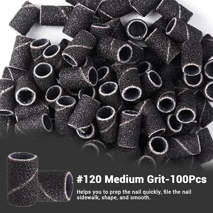 MelodySusie 100 Pcs Nail Drill Bits Sanding Bands for Nail Drill 120 Medium Grit Nail File Sanding Bands for Acrylic Nails Gel Manicures and Pedicure