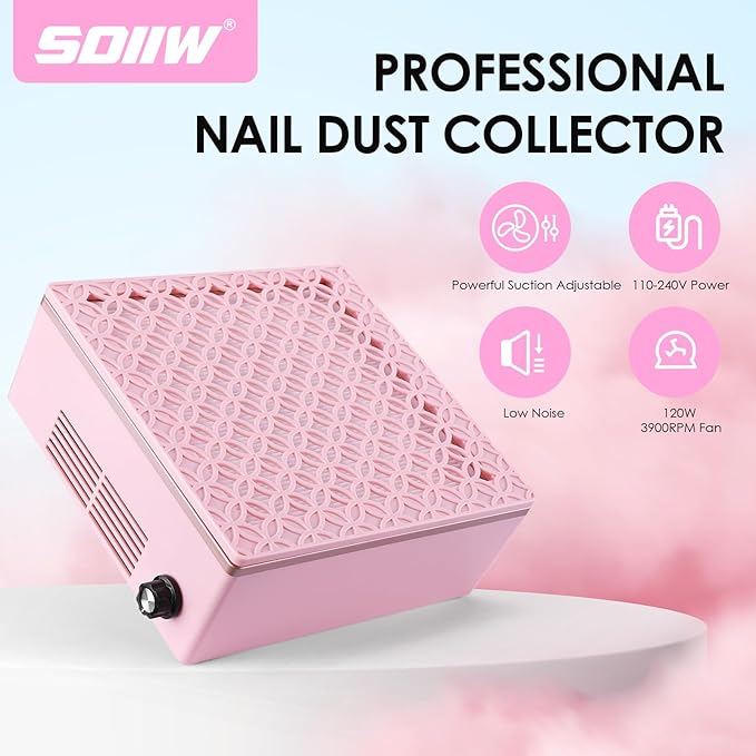 Nail Dust Collector Dust Collector Machine Reusable Filter & Powerful 120W (Pink, Adjustable Speed Version)