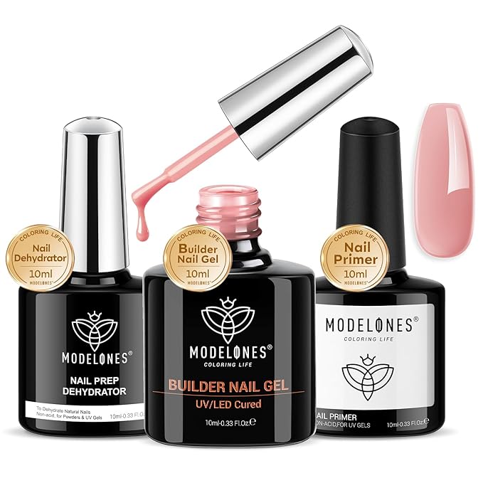 modelones Builder Nail Gel with Nail Dehydrator and Primer, 3Pcs Rose Nude Pink LED Gel Builder Polish Base Coat Acid Free Prep Dehydrate & Bond Primer for Thickening Apex Building 10ml Home DIY Salon