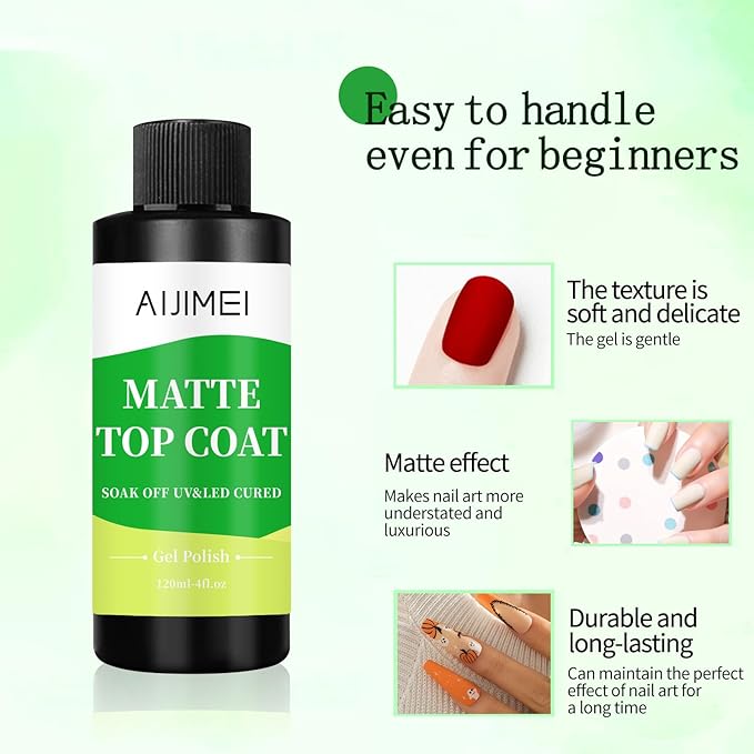 AIJIMEI Elegant Satin Matte Top Coat for Nails Finish Nail Polish Matte Nail Top Coat, Long-Lasting Nail Polish Matte Top Coat & Quick-DryTop Coat Satin Matte TopCoat 4 Fl Oz