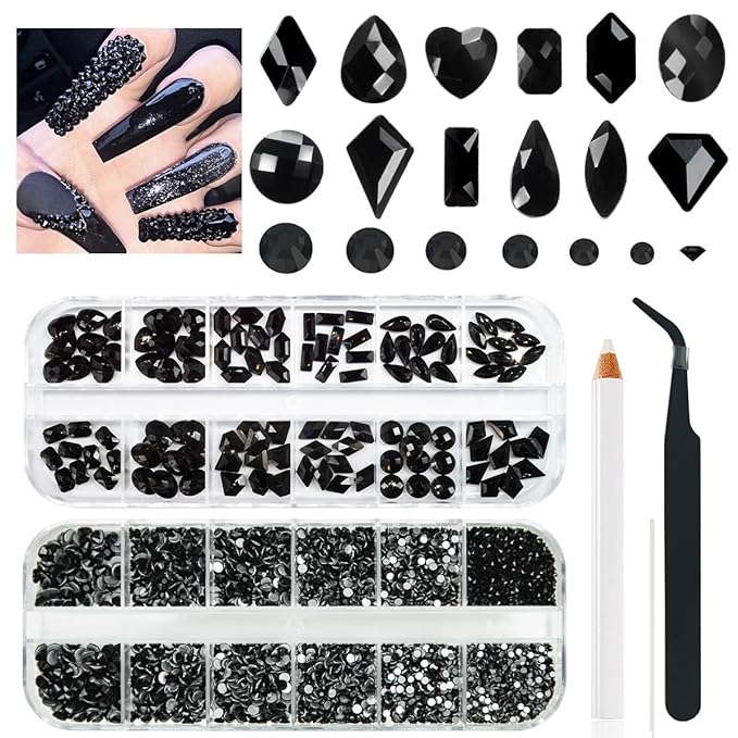 4080Pcs Black Nail Rhinestones Crystal Flatback Jet Black Rhinestones Round Beads Glass Gems Stones Nail Art Gems Diamonds jewels Multi Shapes Sizes Nail Charms for Nails Eyes Makeup DIY Crafts