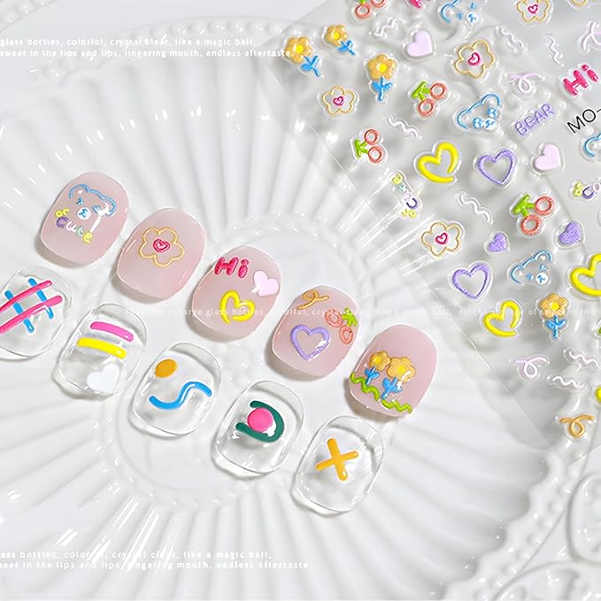 3 Sheets Valentine's Nail Stickers - 5D Embossed Heart Nail Decals for Valentine's Day - Cute Colorful Heart Design for Women & Girls