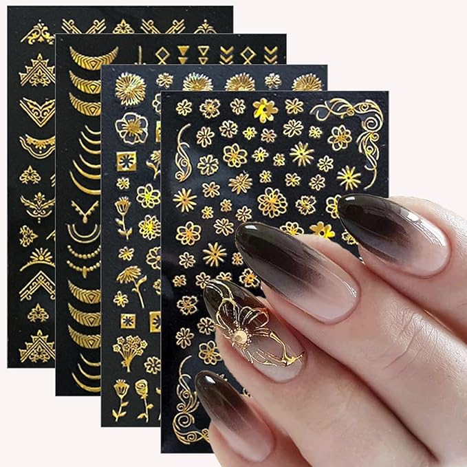 Gold Stickers for Nails - 10 Sheets 3D Self-Adhesive Flower, Leaf, and Geometry Designs - Manicure Art Supplies and Decorations for Women, Style5