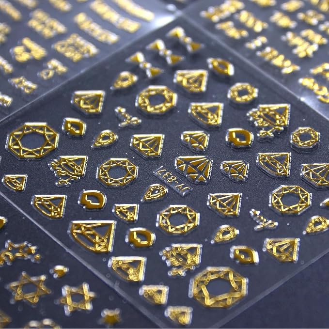30 Sheets Gold Nail Art Stickers 3D Self-Adhesive Gold Stars Snowflakes Shiny Acrylic Heart Shape Line Design Suitable for Ladies Girls Nail Art Decoration