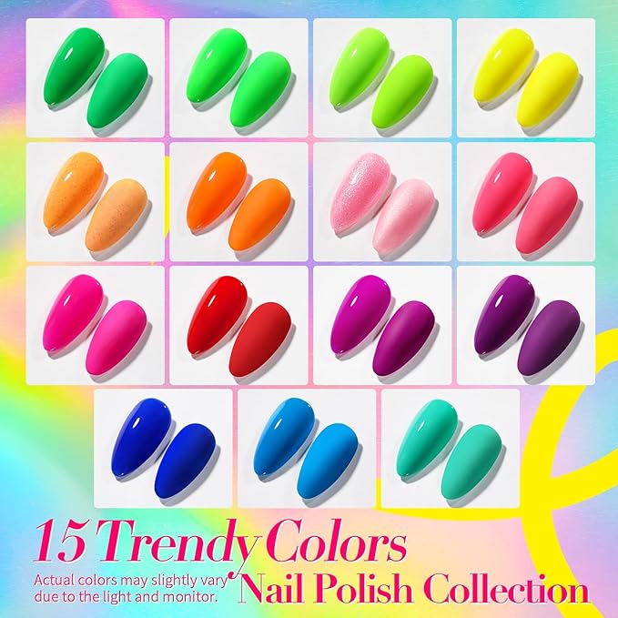 Born Pretty Neon Nail Polish Set, 15 Colors Halloween Nail Polish Quick Dry Nail Polish Kit Hot Pink Yellow Green Blue Nail Lacquer Glossy Nail Polish Manicure Set for DIY Nail Art Salon Home Gift