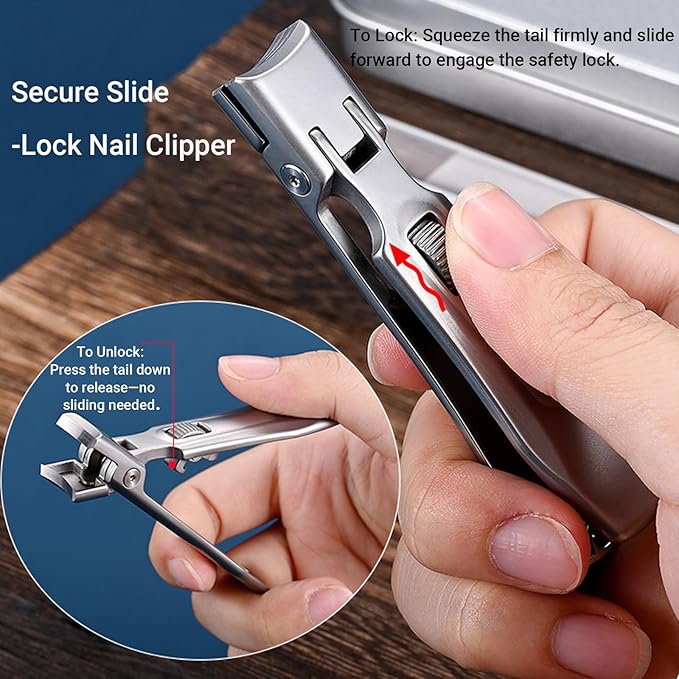 Stainless Steel Nail Clippers for Thick Nails - Ultra Sharp Professional Clipper & File Set with Secure Safety Lock - Seniors, Men, Women (Silver)