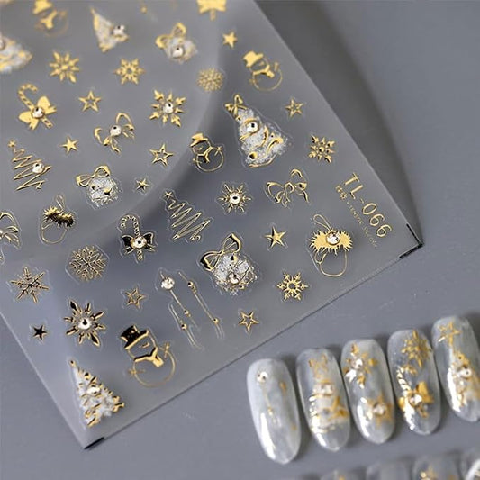 Christmas Nail Stickers Gold Nail Art Stickers Snowflake Snowman Nail Decals with Rhinestones Design Xmas Tree Bow Star Nails Art Decals 5D Embossed Winter Nails Decoration for Women