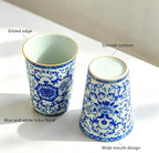 Blue and White Floral Porcelain Tea Cups Set of 2 | No Handle, Bone China - Image 3