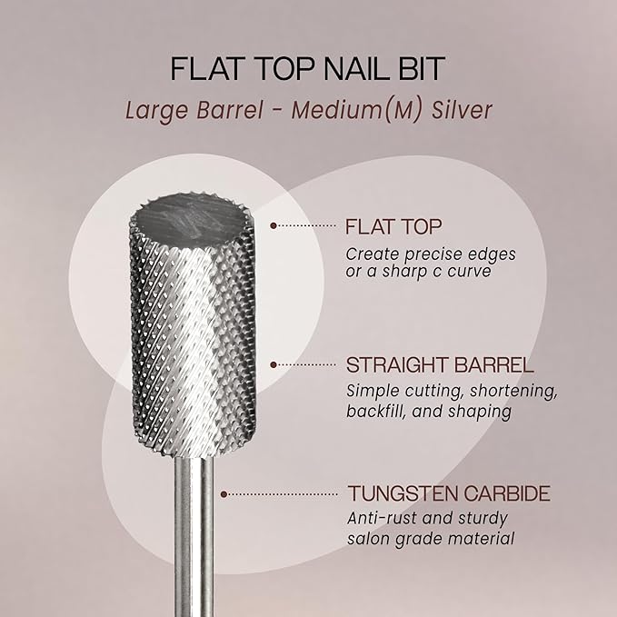 PANA Professional 3/32" Shank Size - Flat Top Large Barrel Silver Carbide Bit Medium Grit - Nail Drill Bit for Dremel Machine